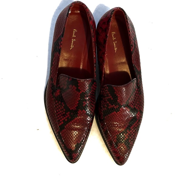 Paul Smith Shoes - Paul Smith Red Leather Snakeskin Pointed Toe Loafers, 37.5
